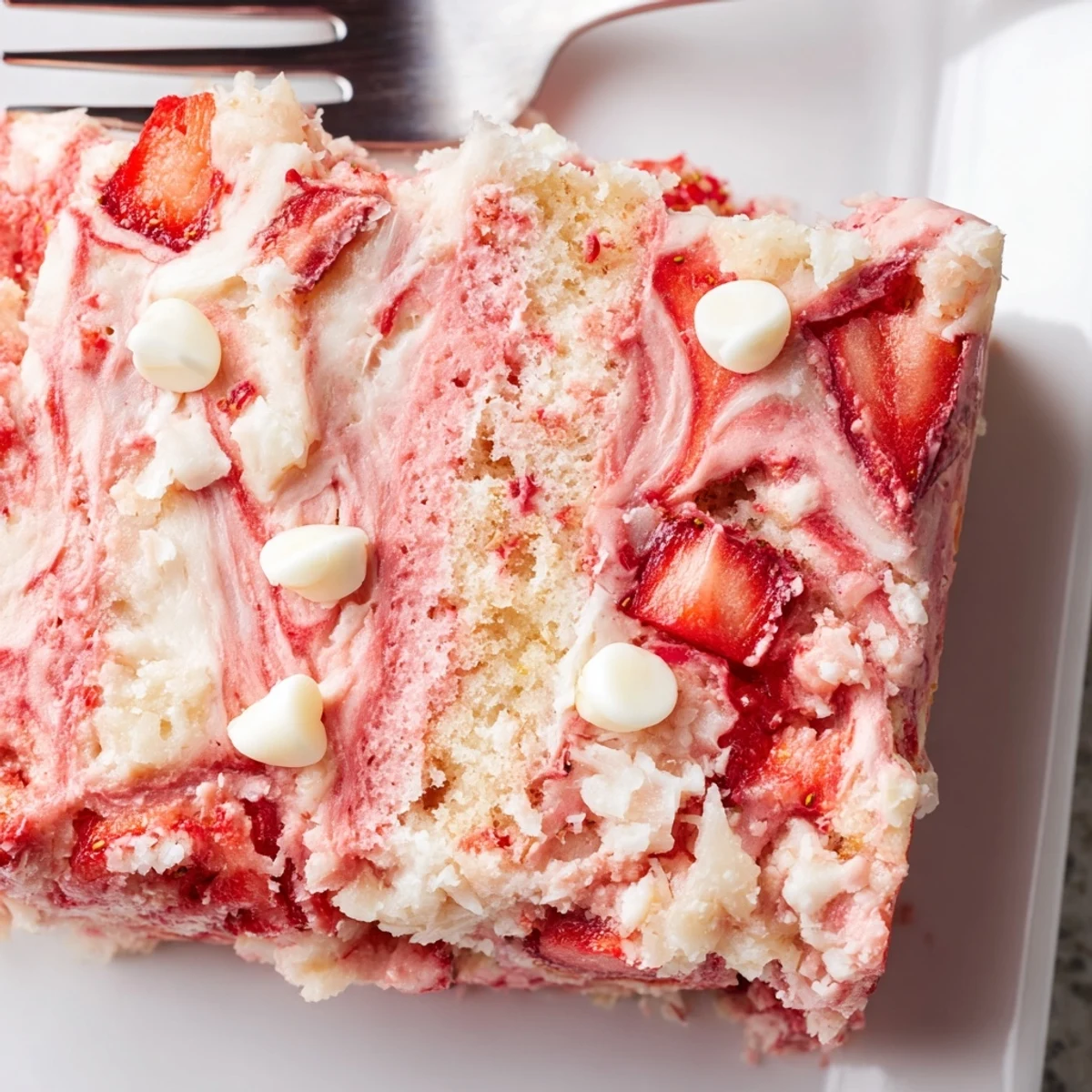 Strawberry Earthquake Cake slice reveals melted white chocolate chips and a marbled, moist crumb.