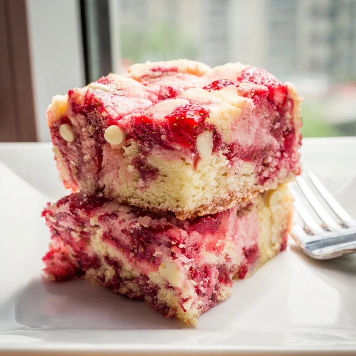 Warm Strawberry Earthquake Cake with gooey cream cheese swirls and fresh diced strawberries on top.