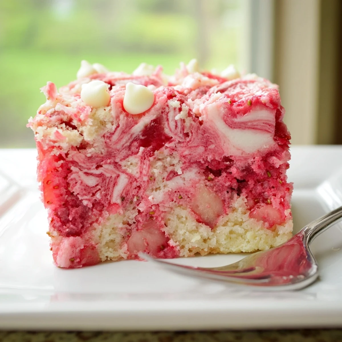 Serve this Strawberry Earthquake Cake slightly warm with coconut topping for a summer dessert treat.