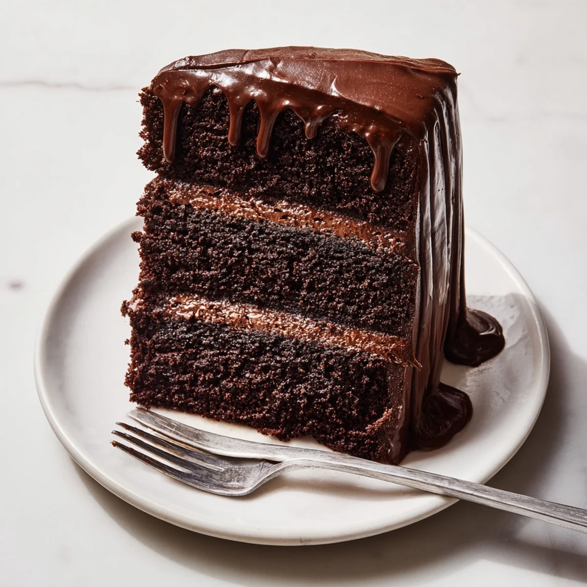 Three rich layers of Triple Matilda Chocolate Cake with glossy ganache dripping down the sides onto a white plate.