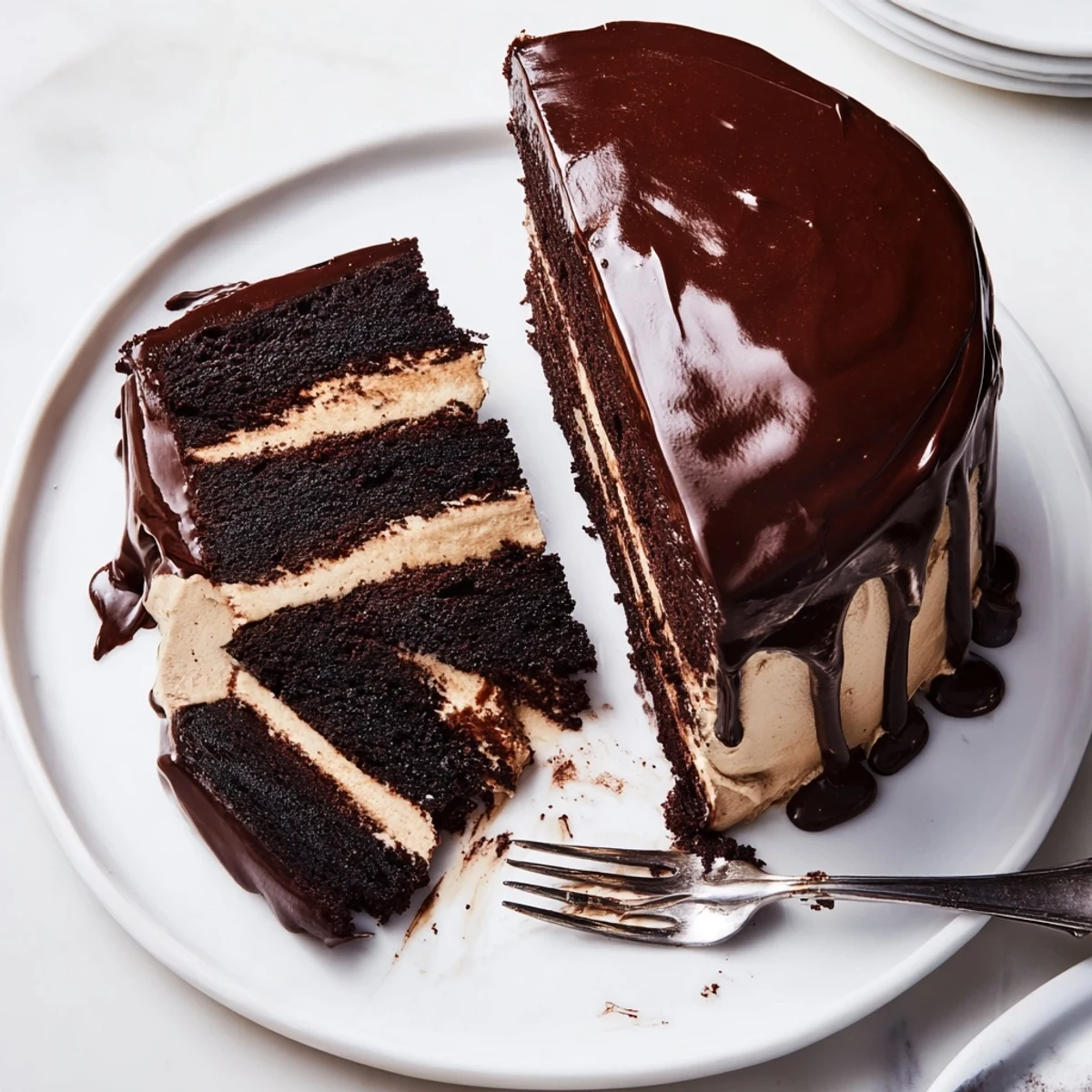 Slice of Triple Matilda Chocolate Cake showing moist crumbs and creamy chocolate frosting on a rustic wooden table.