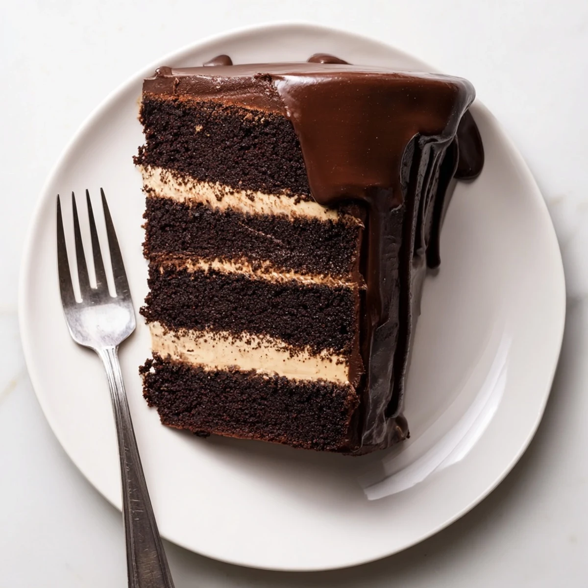 Fresh raspberries garnish Triple Matilda Chocolate Cake on a marble countertop, ready to serve to guests.
