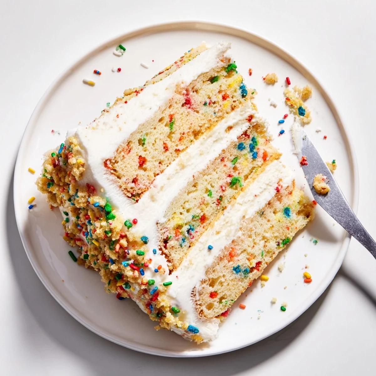 A slice of Milk Bar Birthday Cake reveals moist vanilla sponge layers with rainbow sprinkles, creamy frosting, and crunchy crumb topping.