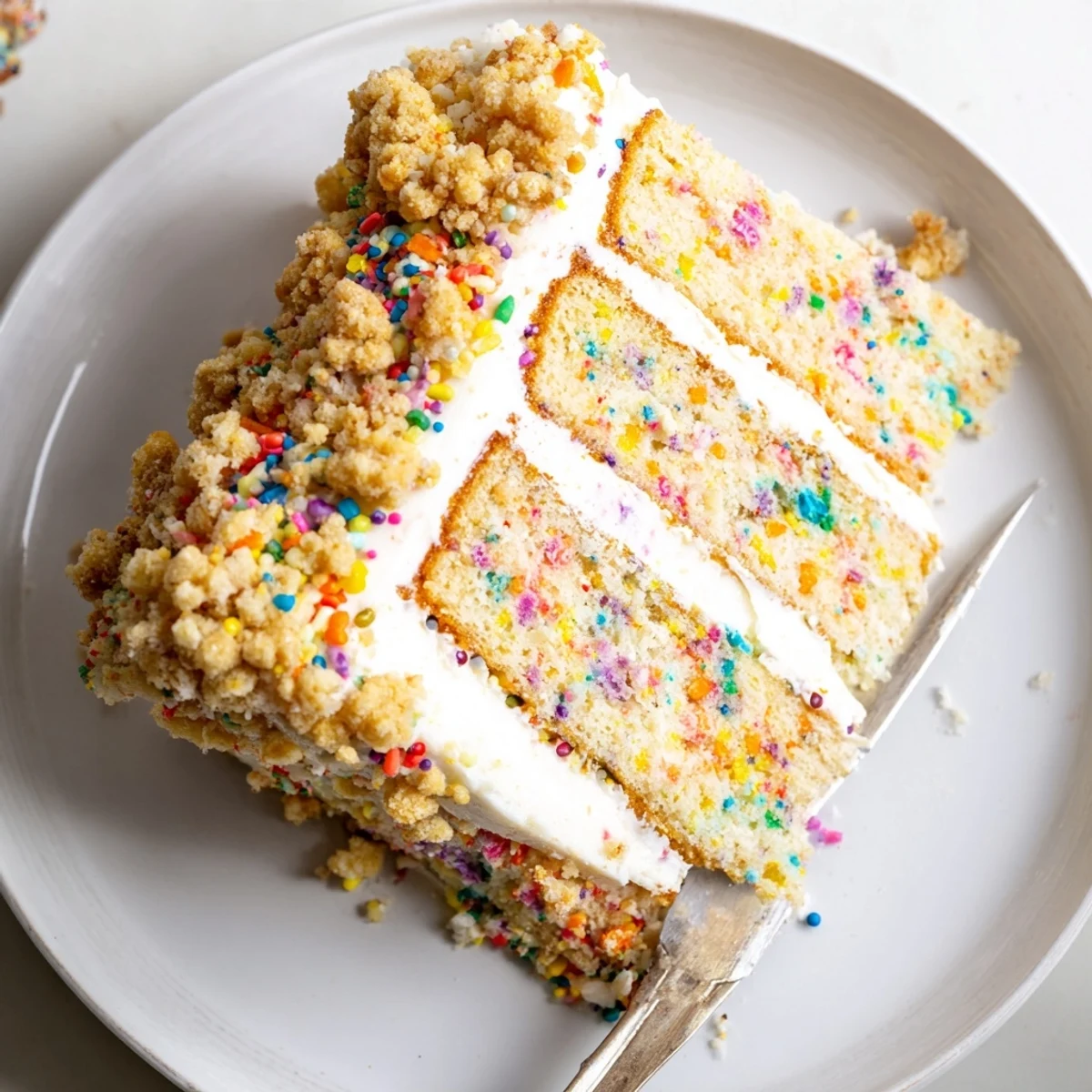 The finished Milk Bar Birthday Cake stands tall on a white plate, showcasing layered vanilla frosting, colorful sprinkles, and crumb edges.