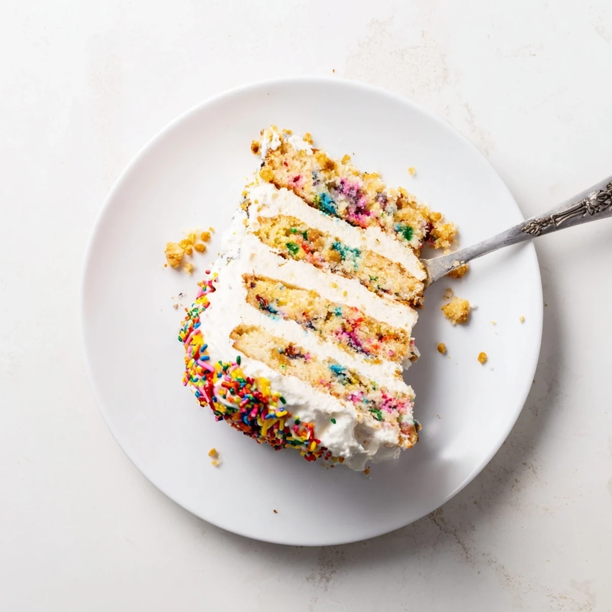 A close view of Milk Bar Birthday Cake shows smooth frosting, moist vanilla layers, and rainbow sprinkles on a wooden serving board.