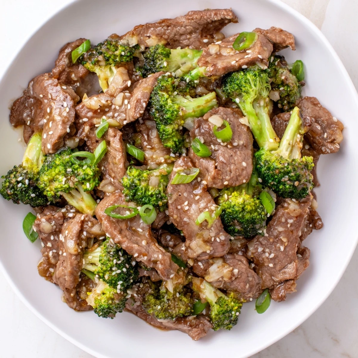 A rustic wooden table showcases Better Than Takeout Beef With Broccoli in a dark ceramic dish, garnished with green onions and sesame seeds, highlighting the colorful, saucy stir-fry textures.