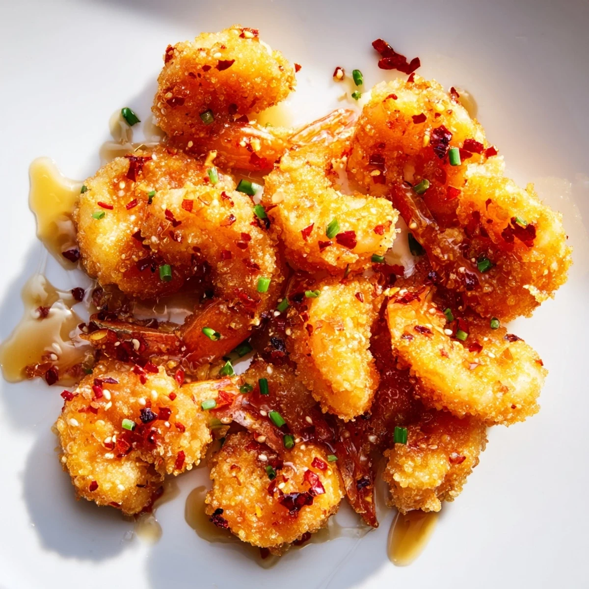 Sweet and spicy hot honey fried shrimp with crispy panko coating garnished with green herbs