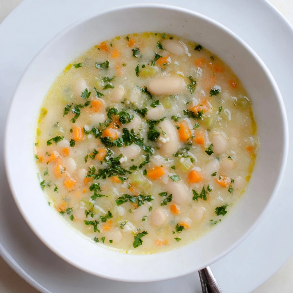 Steaming bowl of rosemary garlic white bean soup garnished with parsley and vegetables