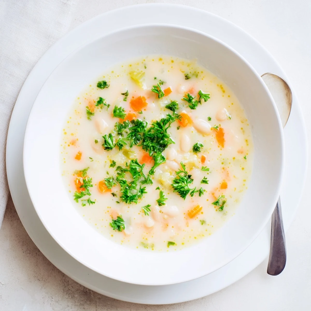Mediterranean white bean soup with aromatic rosemary and garlic simmered in vegetable broth
