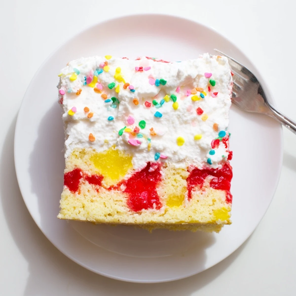 Easter poke cake with fluffy whipped cream topping and colorful pastel sprinkles on a white serving plate.
