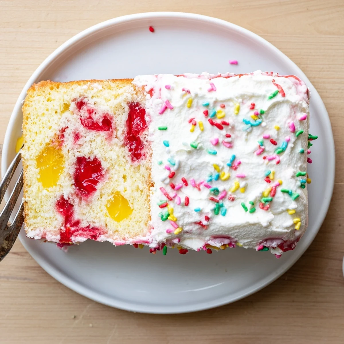 Festive Easter poke cake sliced to reveal marbled strawberry and lemon gelatin layers inside.