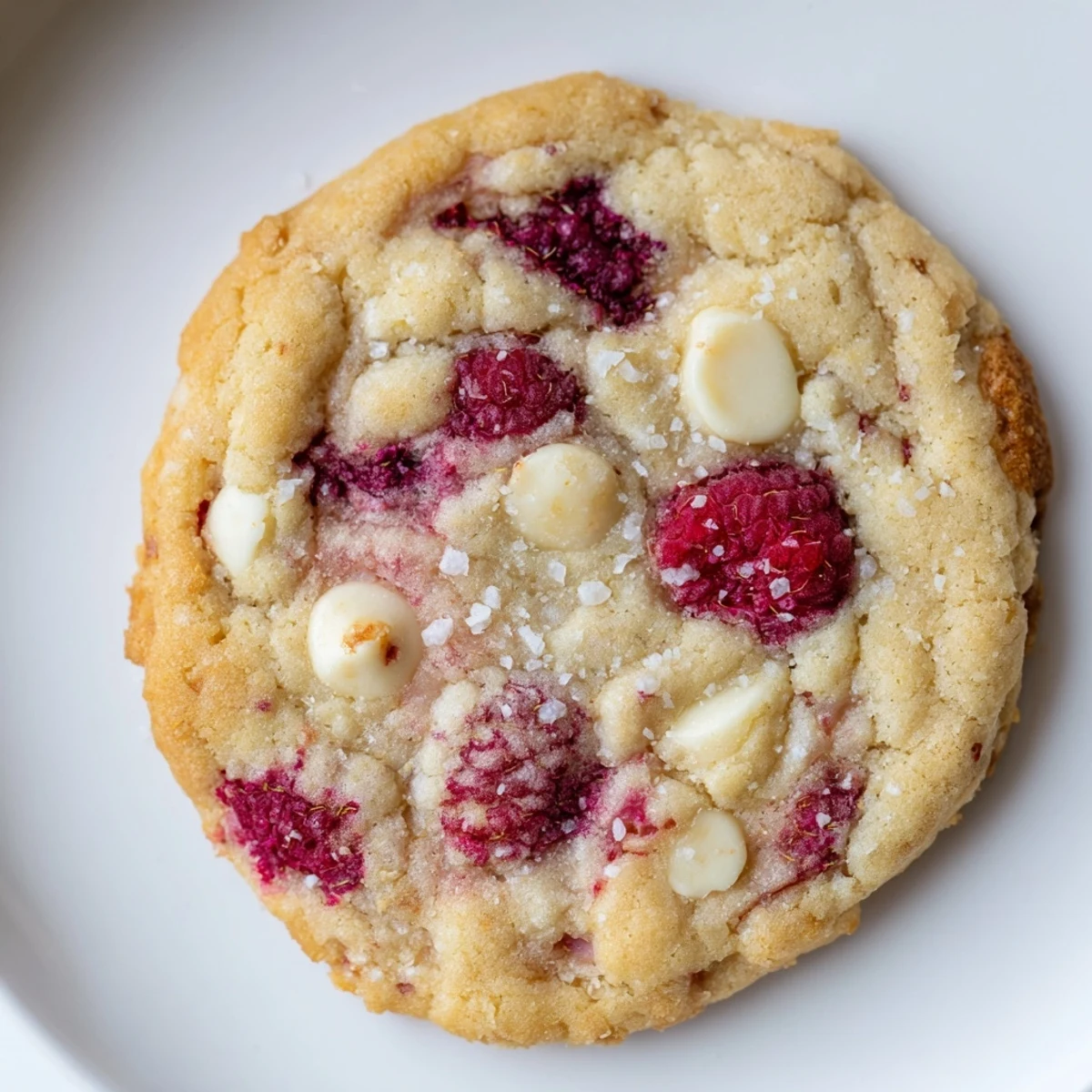 Soft lemon raspberry cookies with golden edges and bright red berry pieces visible on a white cooling rack.