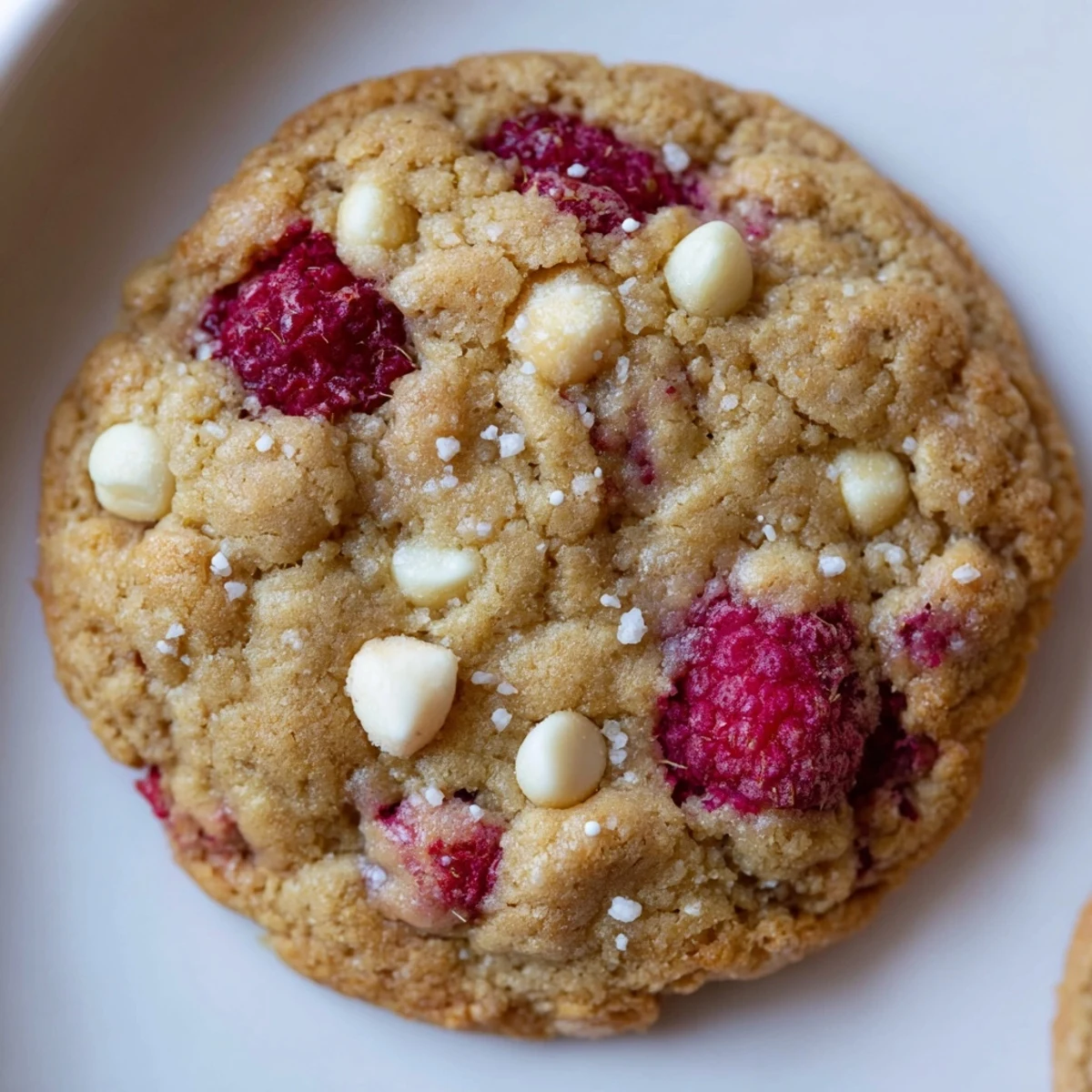 Freshly baked lemon raspberry cookies sprinkled with coarse sugar on a parchment-lined baking sheet close-up.