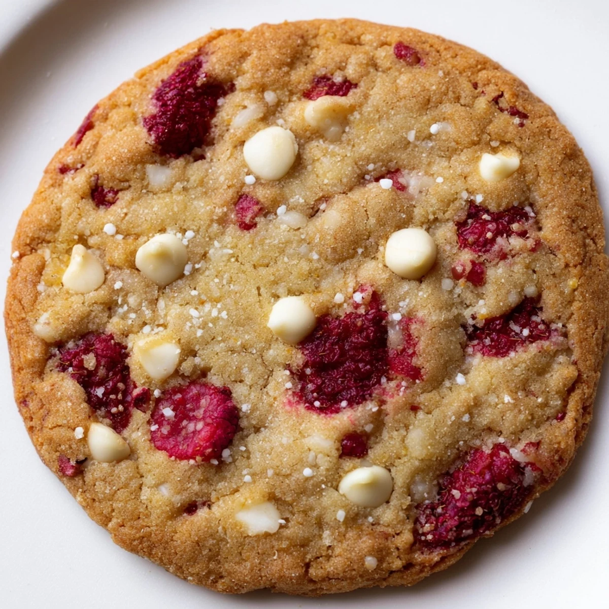 Stack of soft lemon raspberry cookies showcasing juicy red berries and white chocolate chips on a rustic wooden board.