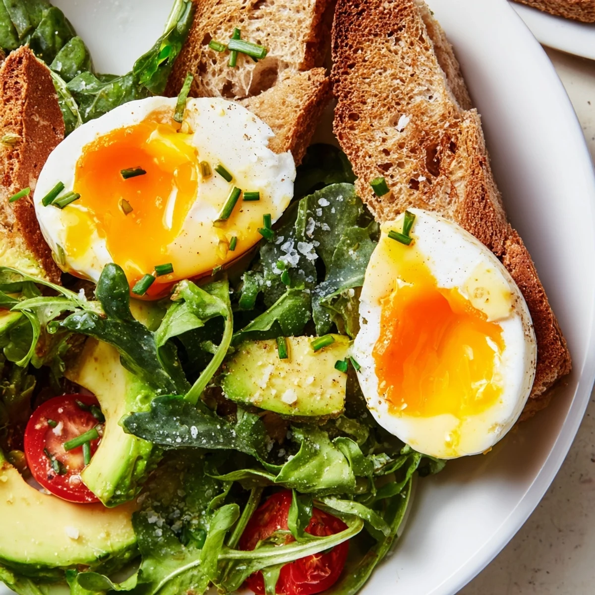 Golden soft-boiled eggs nestled atop crisp toast with fresh arugula and cherry tomatoes