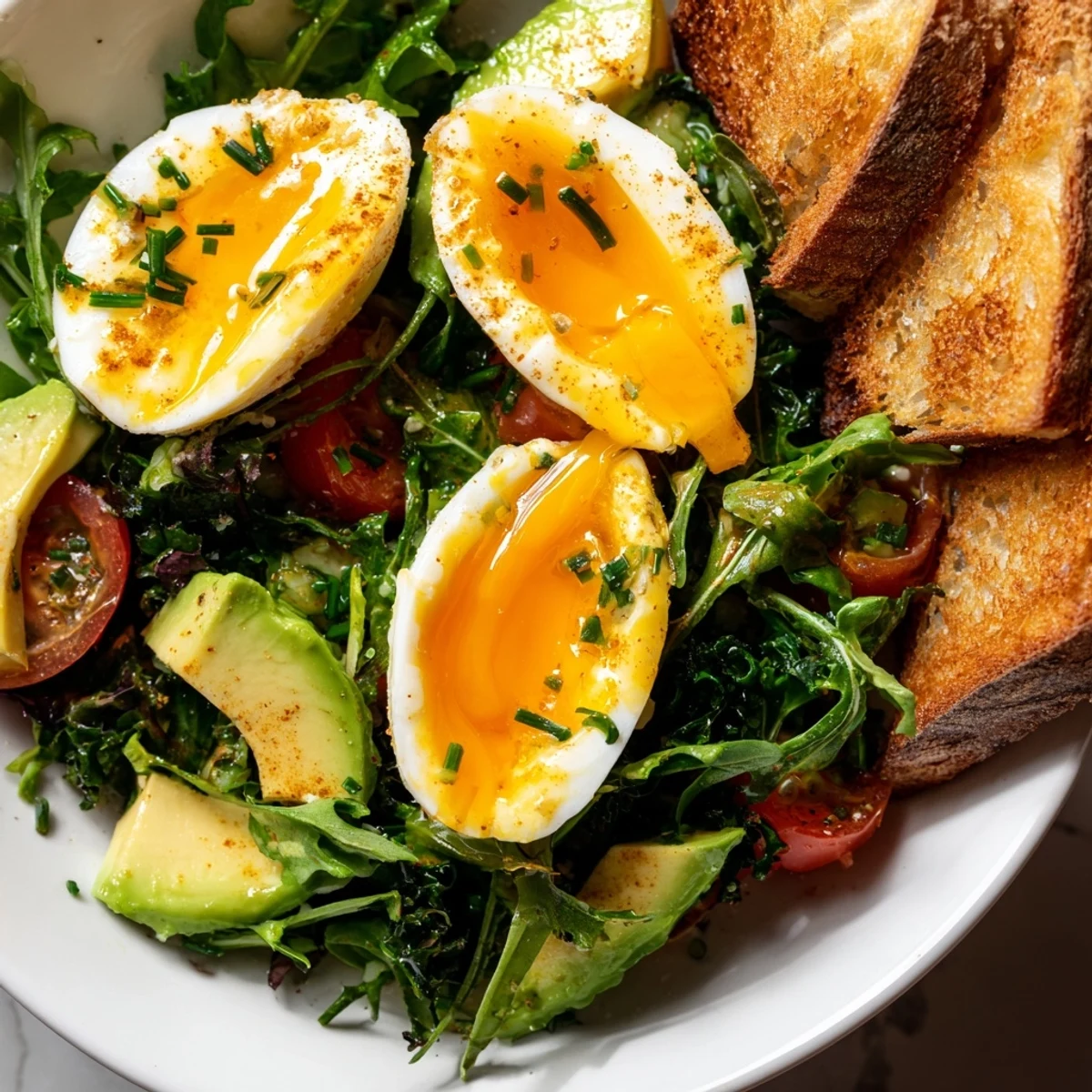 Protein-packed morning meal with jammy eggs, artisan sourdough toast, and dressed mixed greens