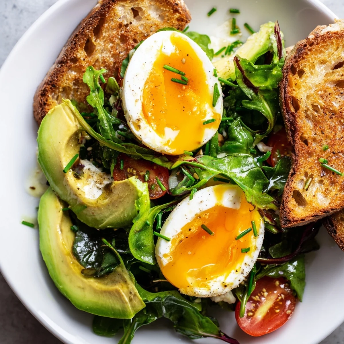 Wholesome savory breakfast plate featuring creamy soft-boiled eggs and buttery sliced avocado