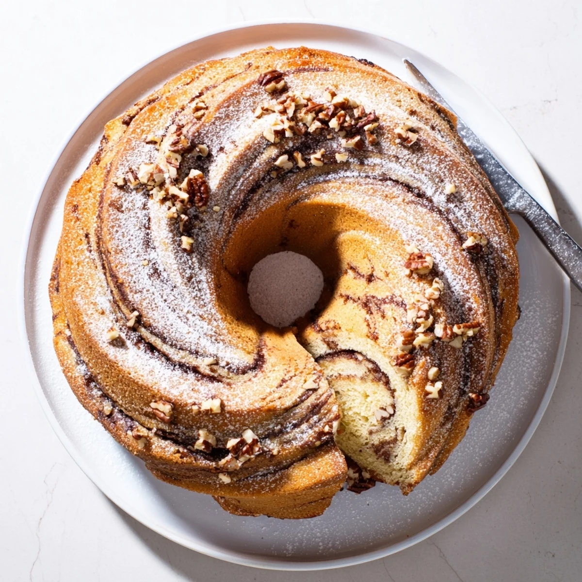 Tender cinnamon-swirled Bundt coffee cake sliced on a white serving plate
