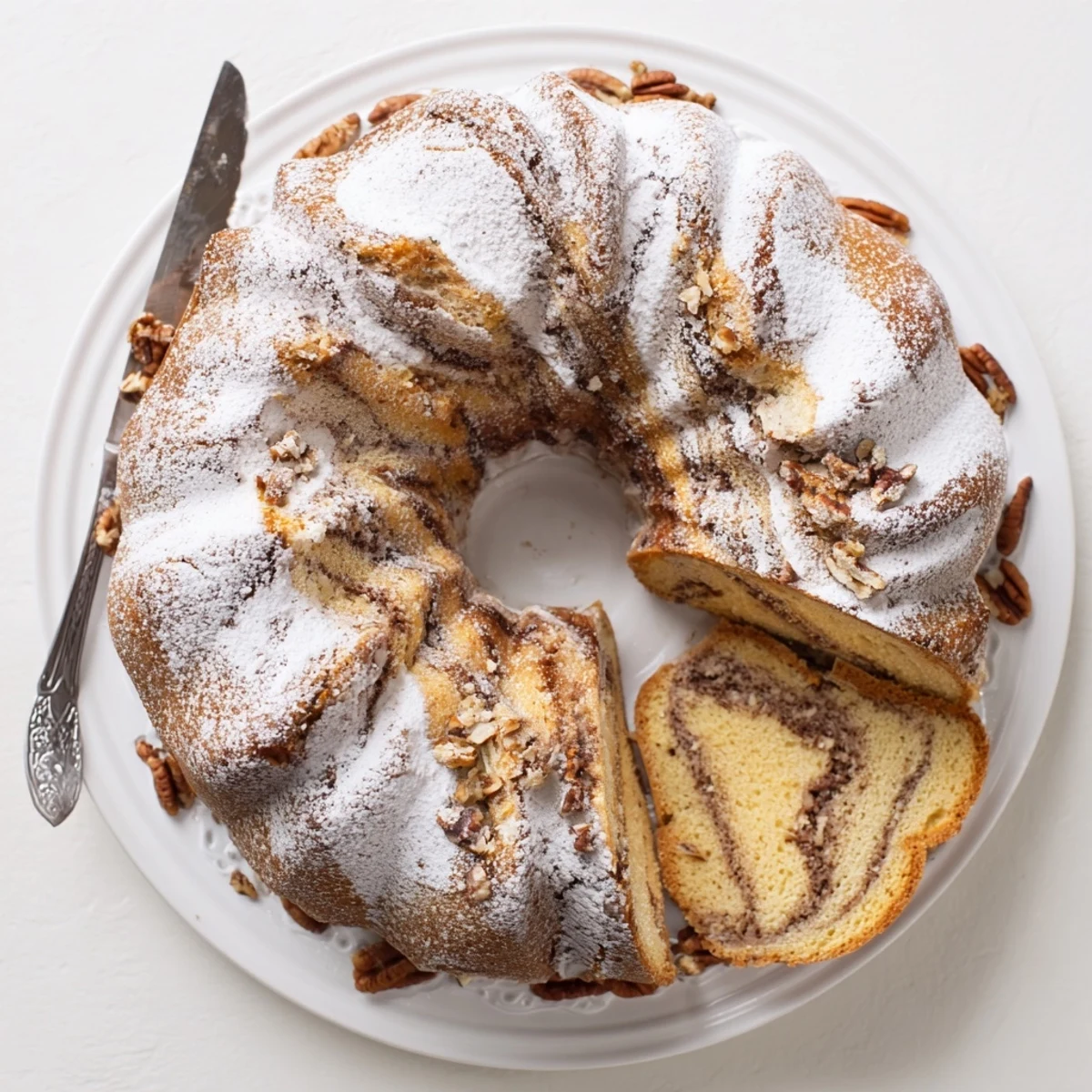 Golden breakfast Bundt coffee cake with cinnamon swirl and powdered sugar dusting