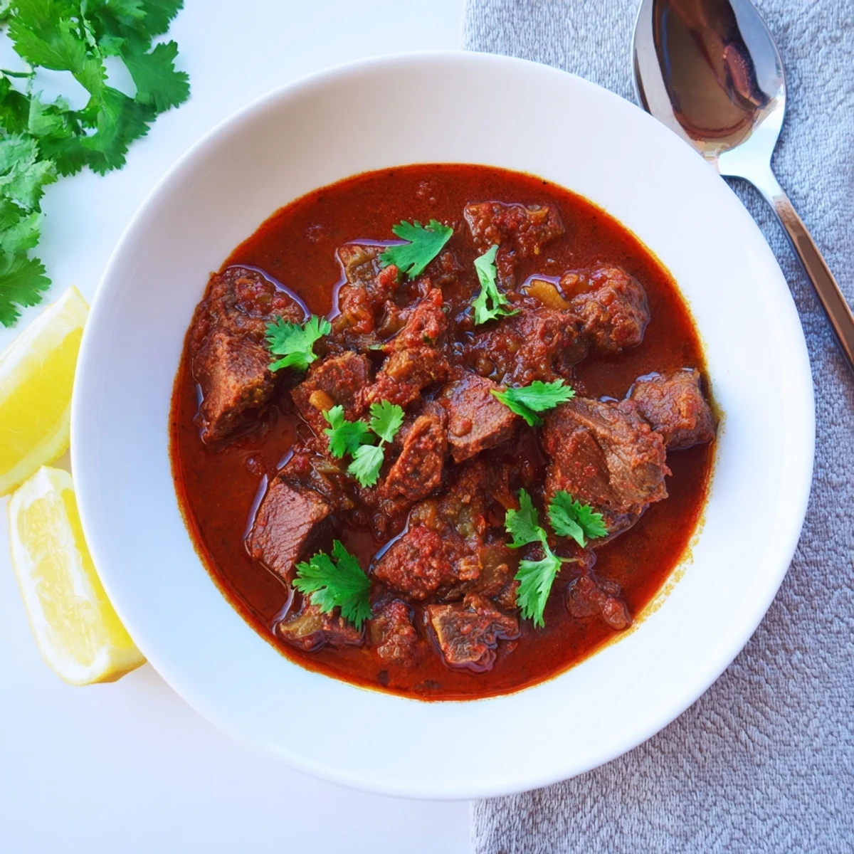Golden Indian beef curry with tomato gravy garnished with fresh cilantro and served with fluffy basmati rice