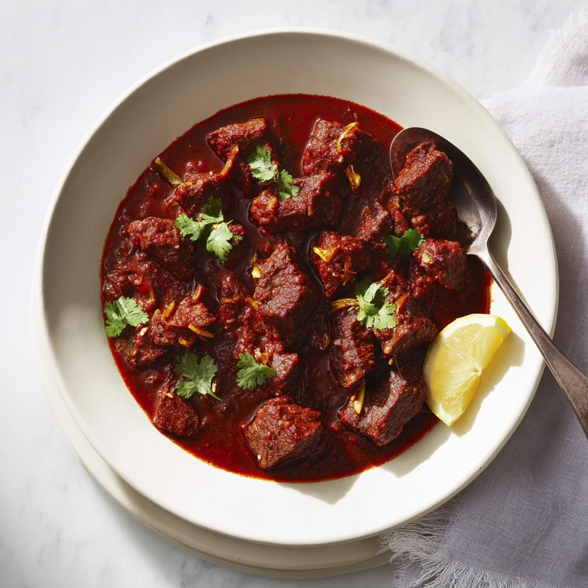 Tender beef cubes simmered in rich Indian beef curry with tomato gravy and fragrant spices