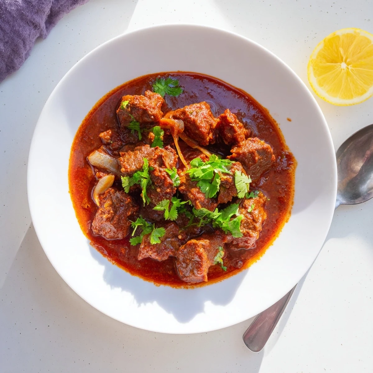 Hearty bowl of Indian beef curry with tomato gravy featuring tender meat pieces in a thick spiced sauce