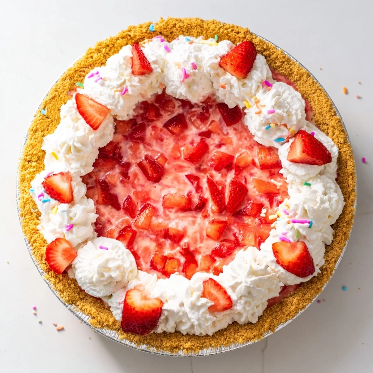 Creamy strawberry Jello pie with graham cracker crust, whipped cream topping, and vibrant red strawberry garnish