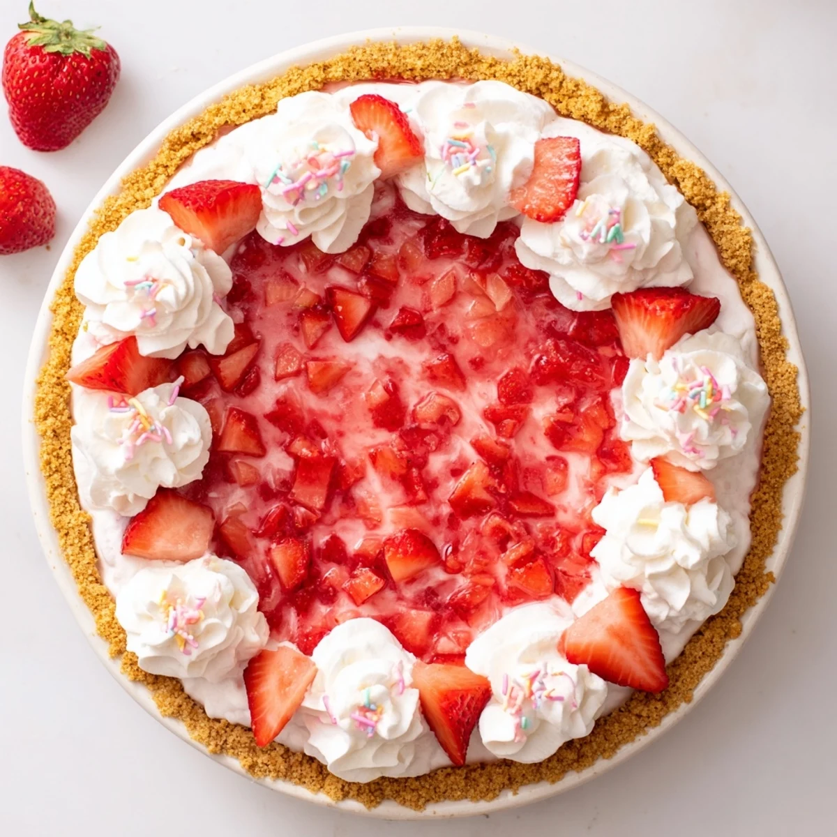 No bake strawberry delight pie showcasing smooth cream cheese filling, Jello layer, and festive Easter candy decorations