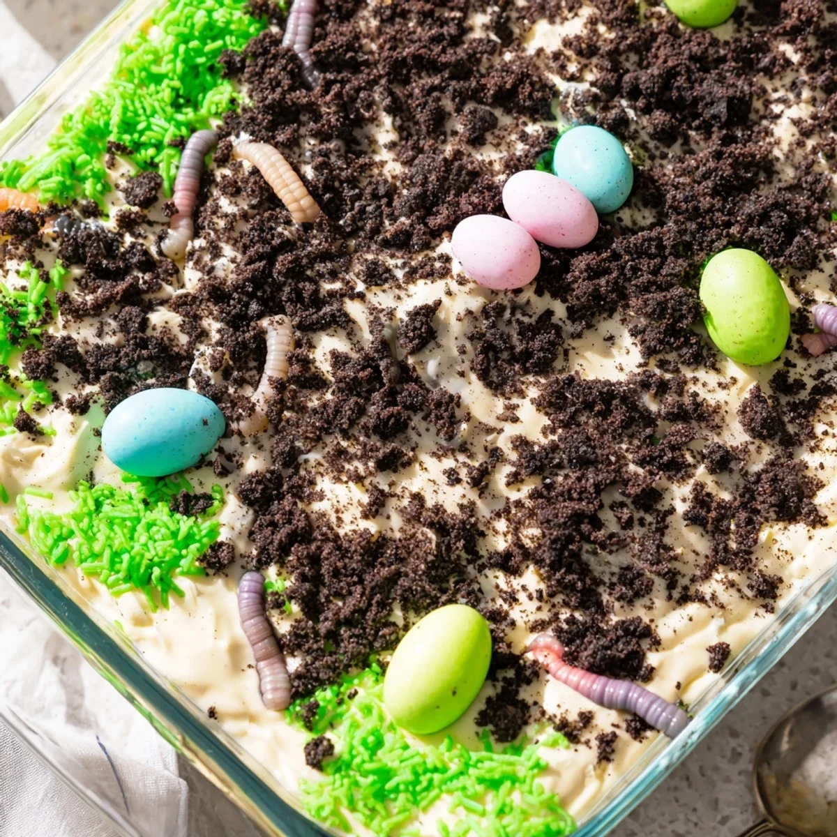 Creamy no-bake Easter Dirt Cake Casserole topped with pastel candy eggs