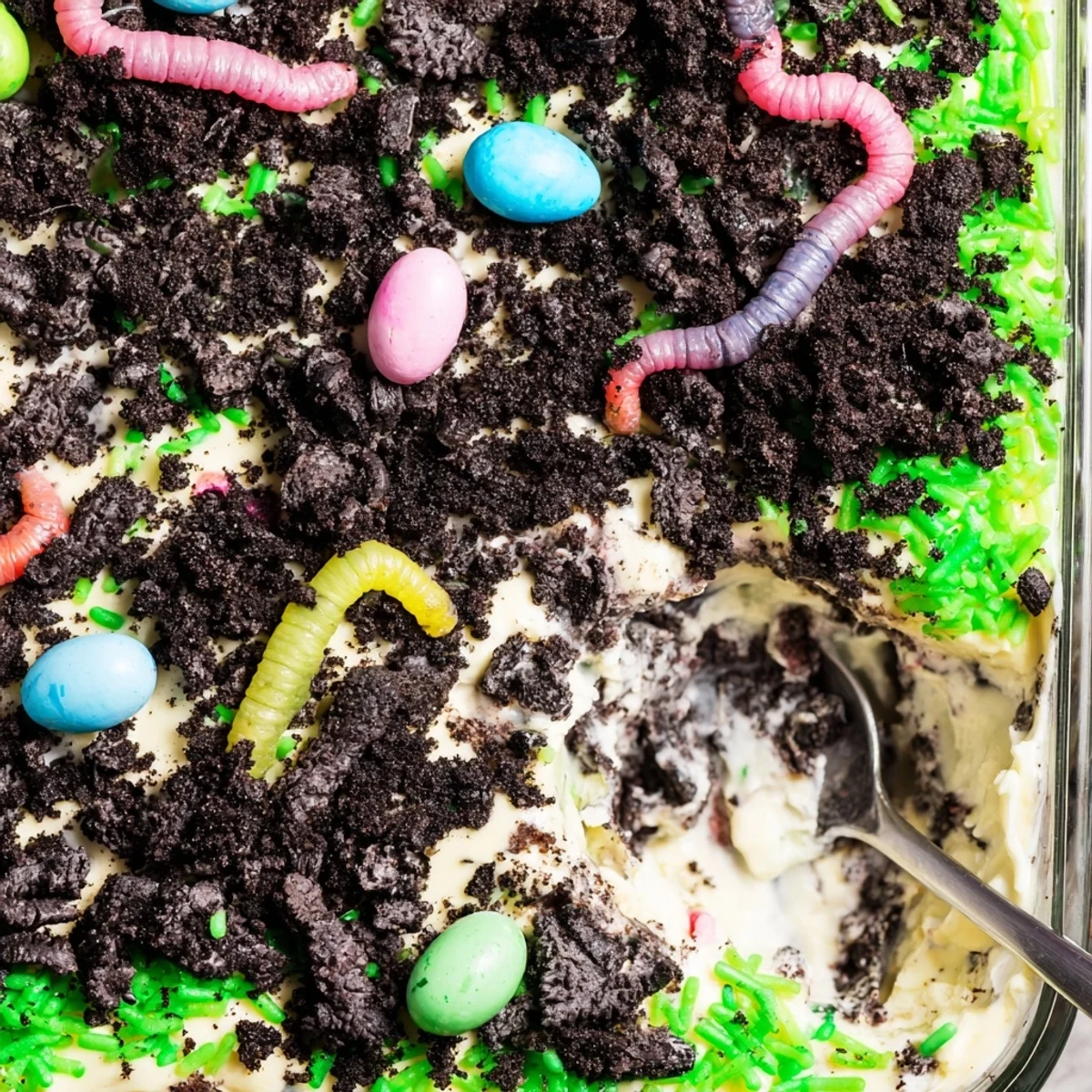 Easter Dirt Cake Casserole with gummy worms emerging from chocolate cookie crumbs