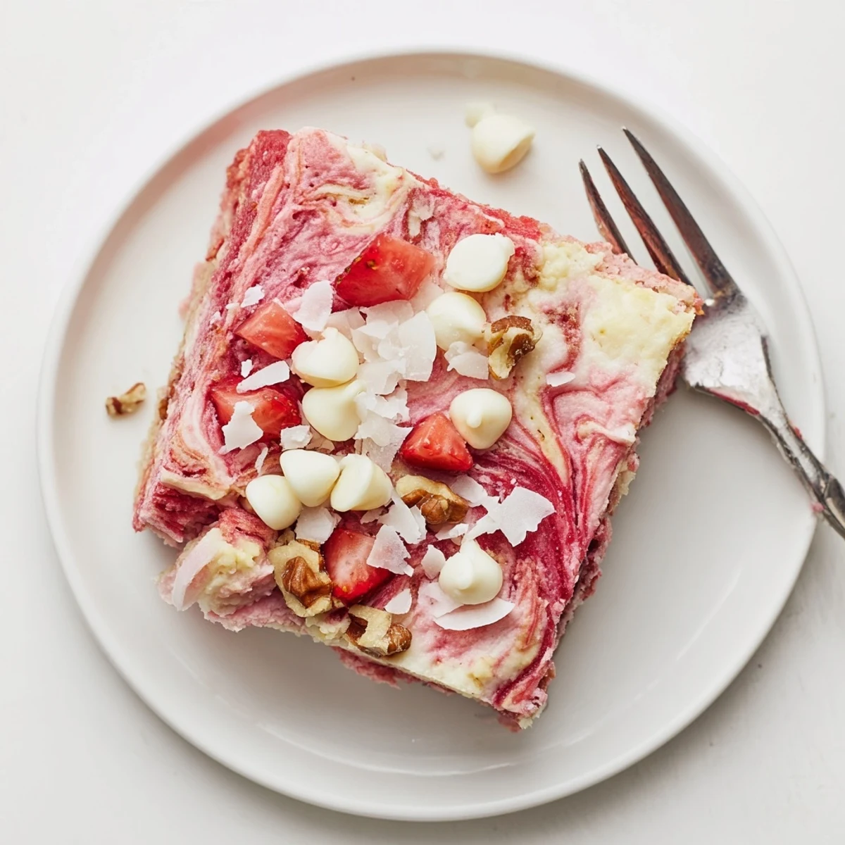 Decadent strawberry earthquake cake showing golden cracked surface with creamy strawberry filling and coconut sprinkles
