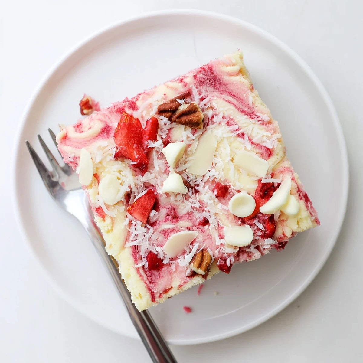 Strawberry earthquake cake with marbled cream cheese swirls topped with fresh strawberries and white chocolate chips