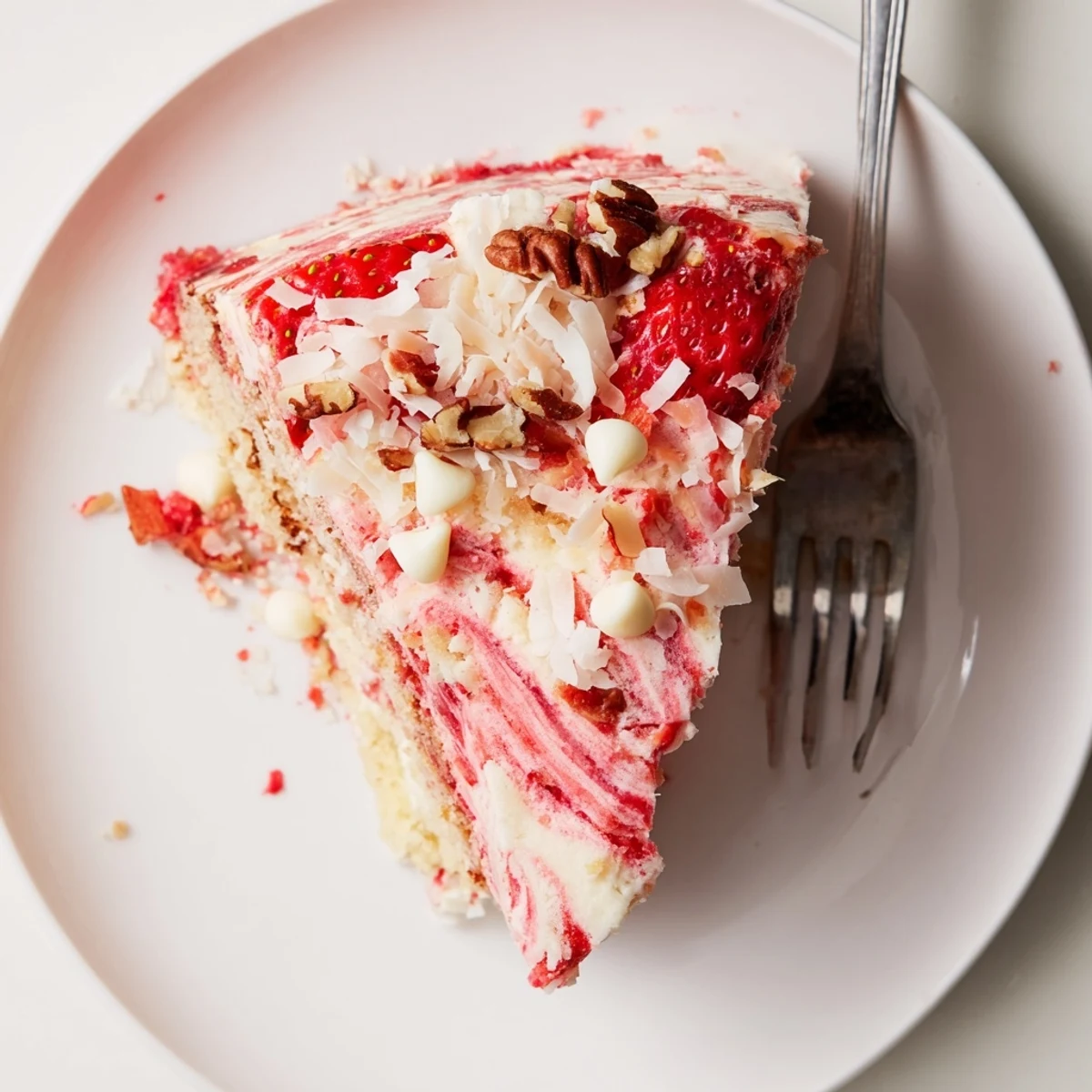Warm strawberry earthquake cake slice revealing swirled cream cheese layers with pecans and melted white chocolate