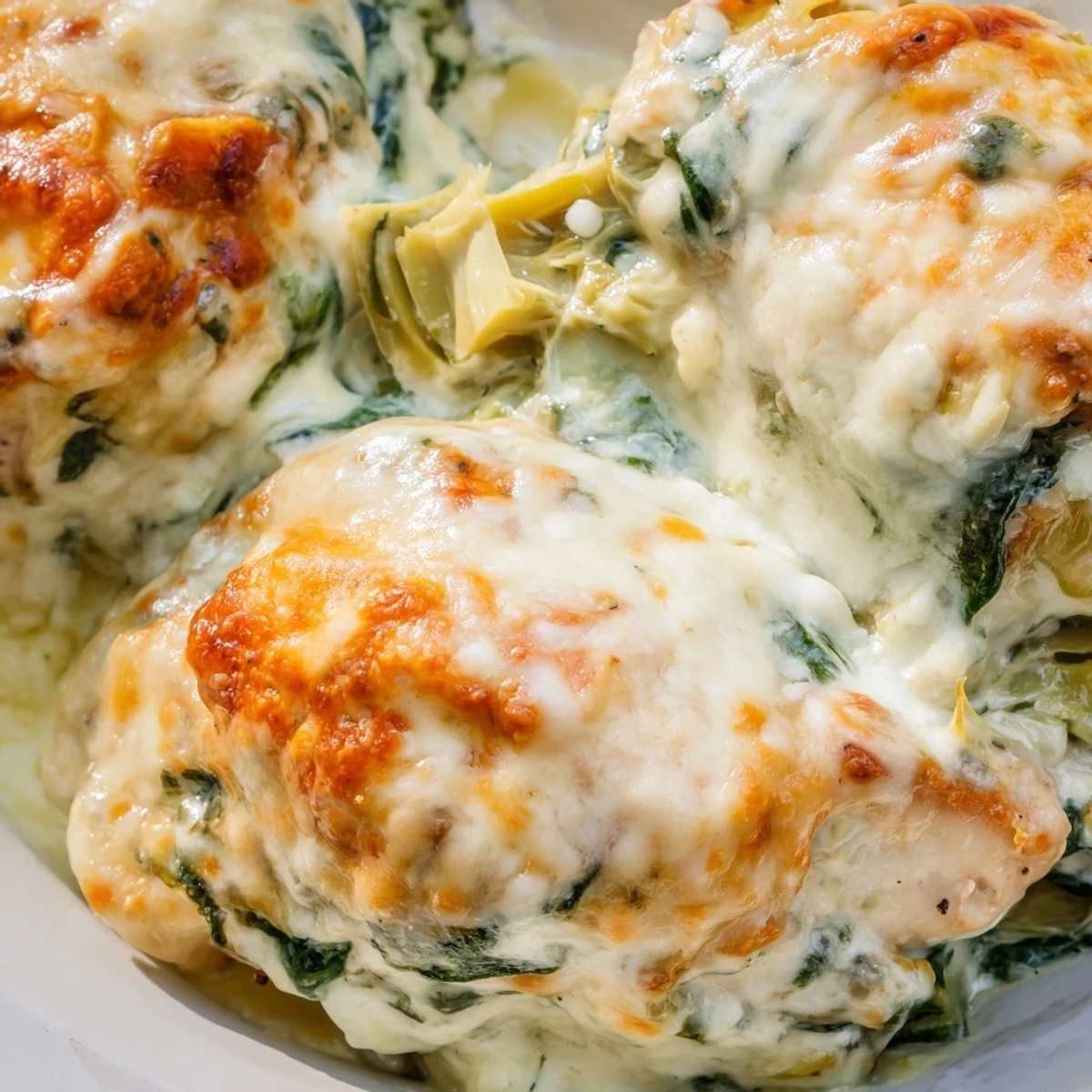 Golden bubbly spinach and artichoke chicken bake with melted mozzarella and parmesan topping