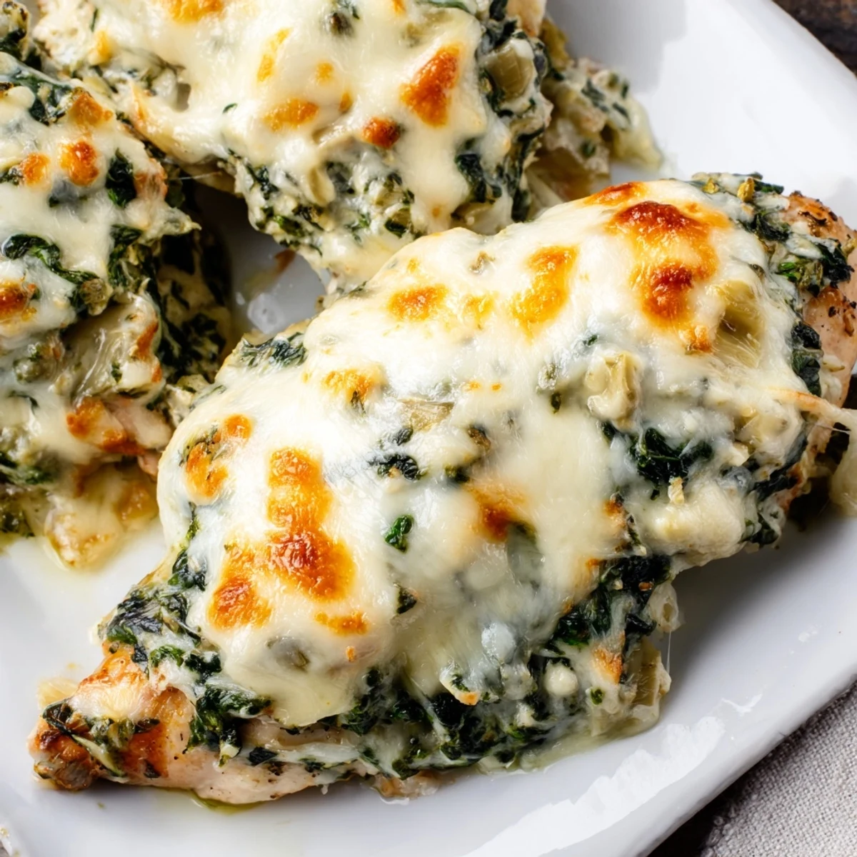 Baked chicken breasts topped with creamy spinach and artichoke mixture under melted cheese
