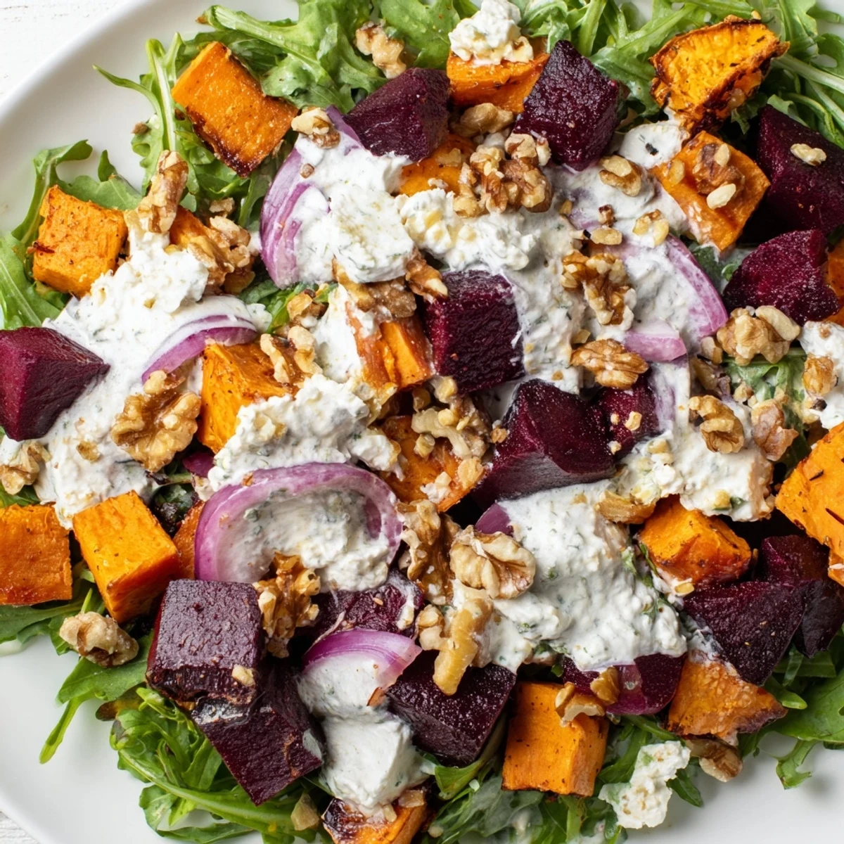 Colorful roasted beet salad with sweet potato, creamy feta, and yogurt dressing on a bed of greens