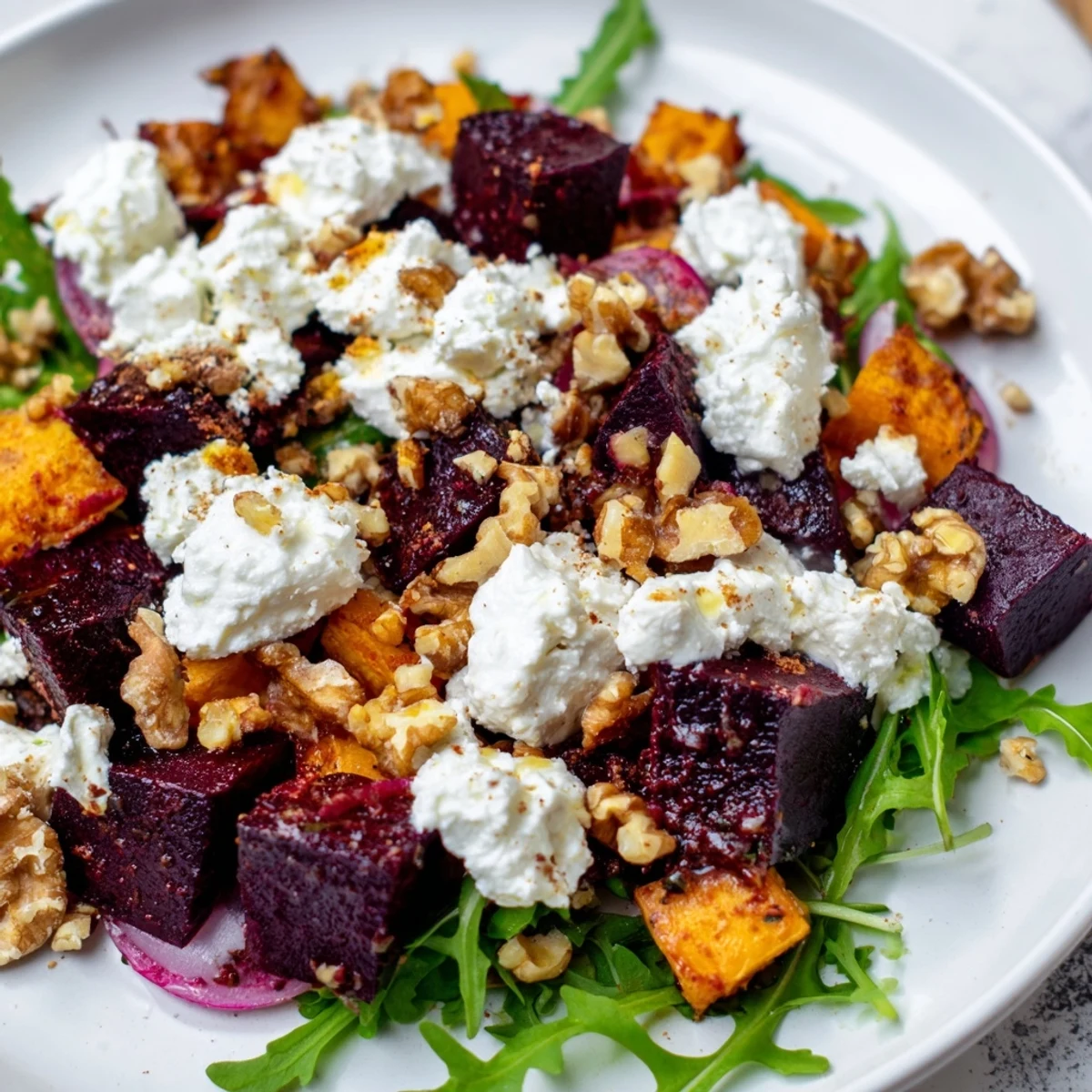 Vibrant bowl of roasted beet and sweet potato salad topped with crumbled feta and walnuts