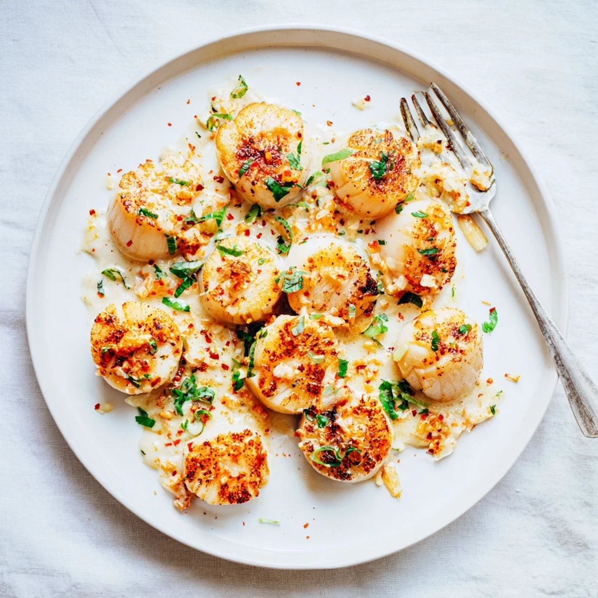 Golden brown seared scallops resting in a creamy Cajun sauce sprinkled with fresh parsley