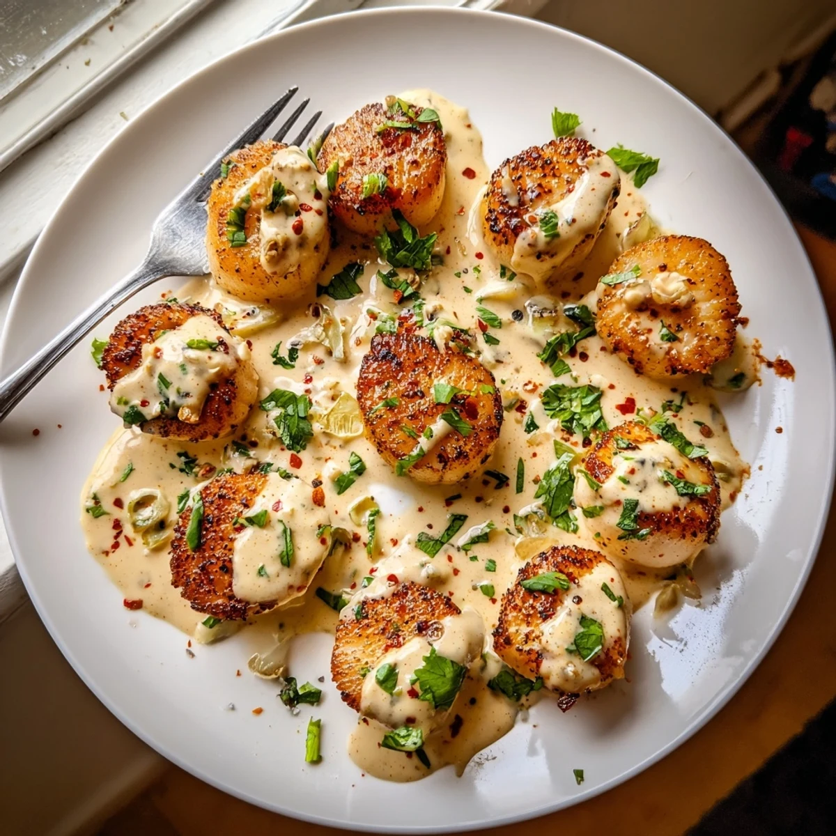 Pan-seared scallops topped with spicy red pepper cream sauce and garnished with green herbs