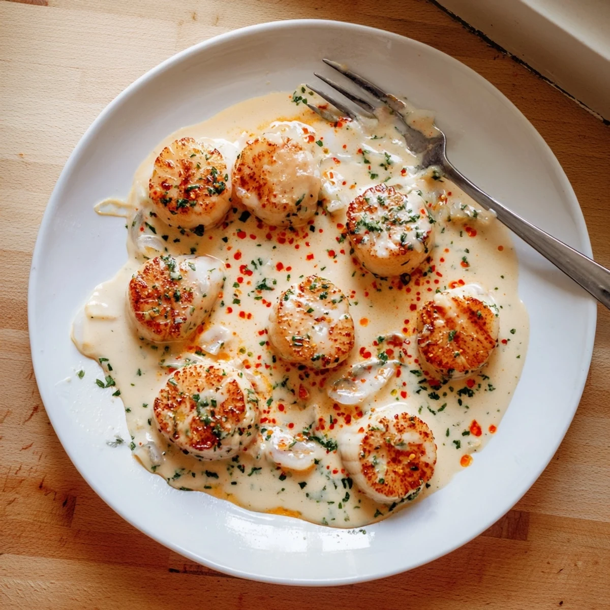 Perfectly cooked sea scallops drizzled with rich Cajun cream sauce on a white plate