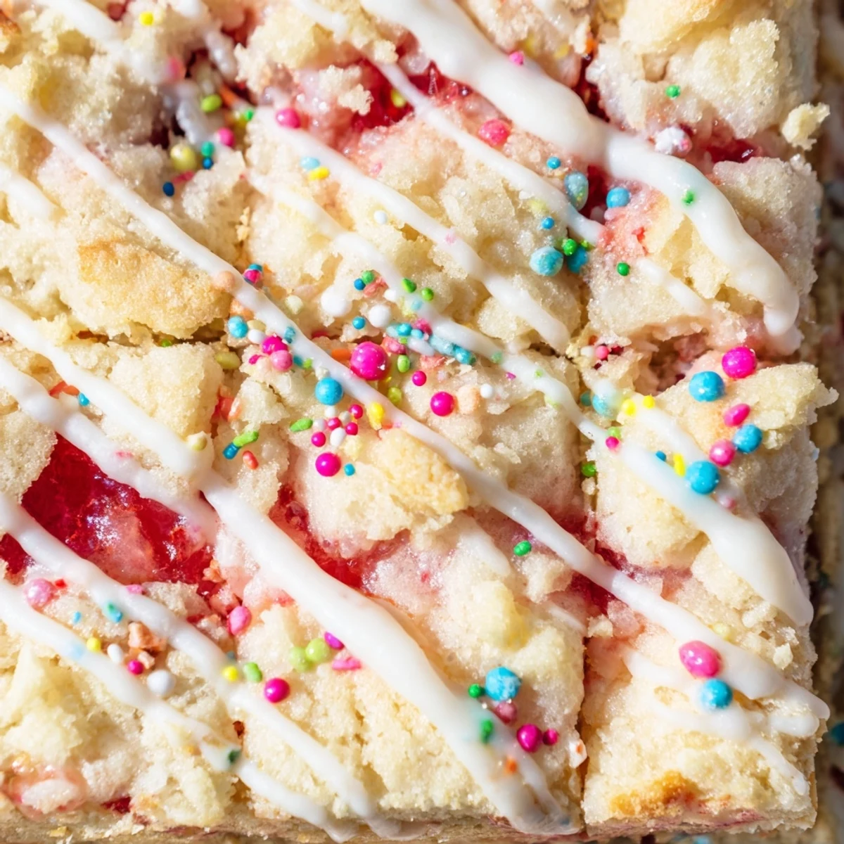 Golden Poptart cookie bars with strawberry jam layer and white glaze topped with colorful sprinkles