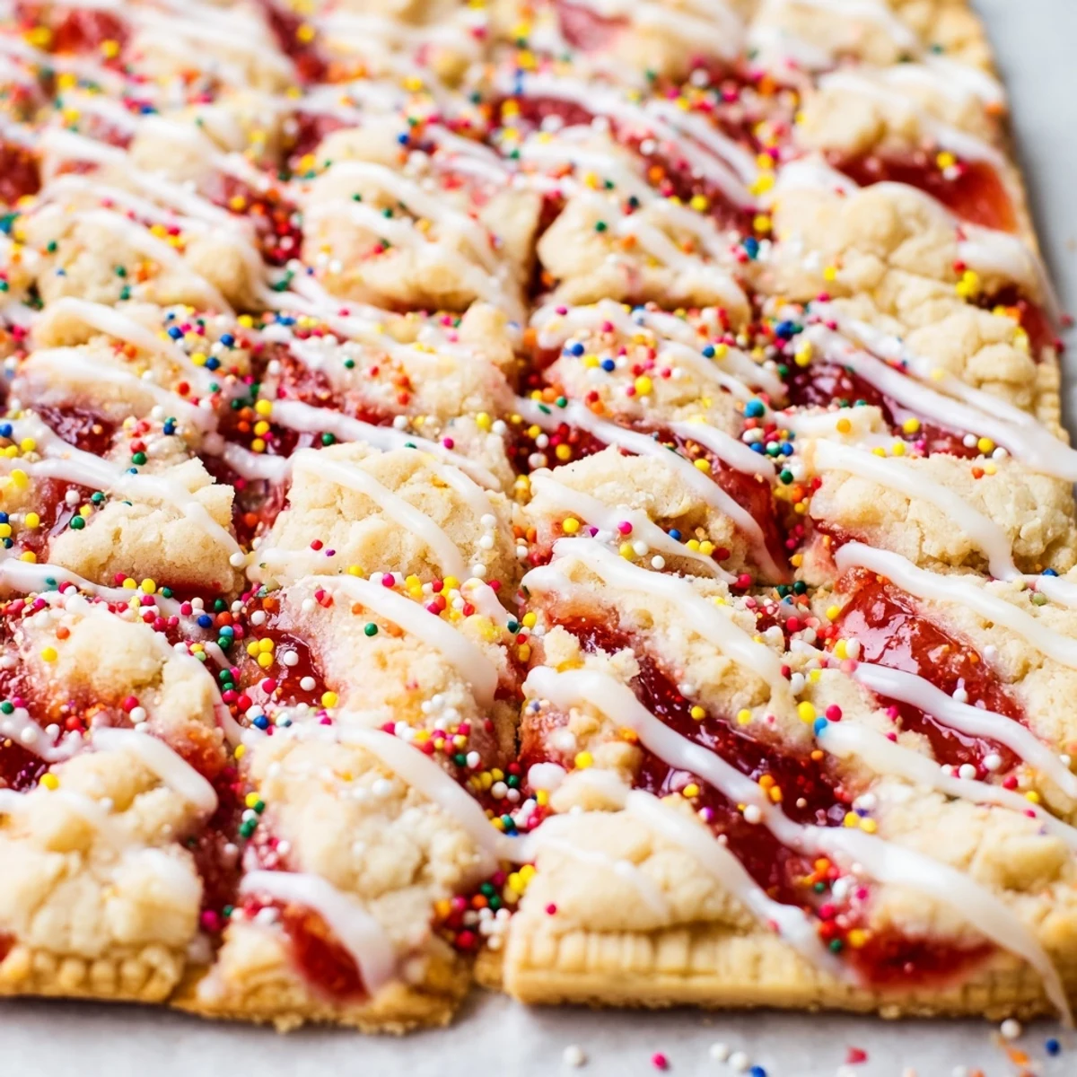 Soft baked cookie bars featuring sweet jam filling and vanilla glaze with rainbow sprinkles on top