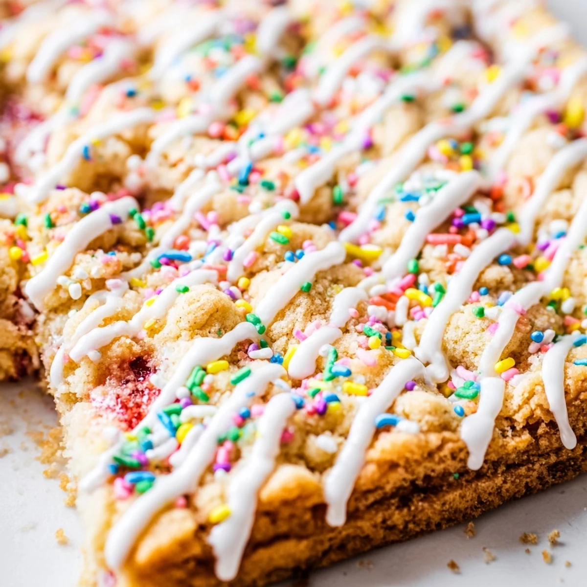 Square dessert bars with crumbled cookie crust, fruity jam center, and sweet icing decoration