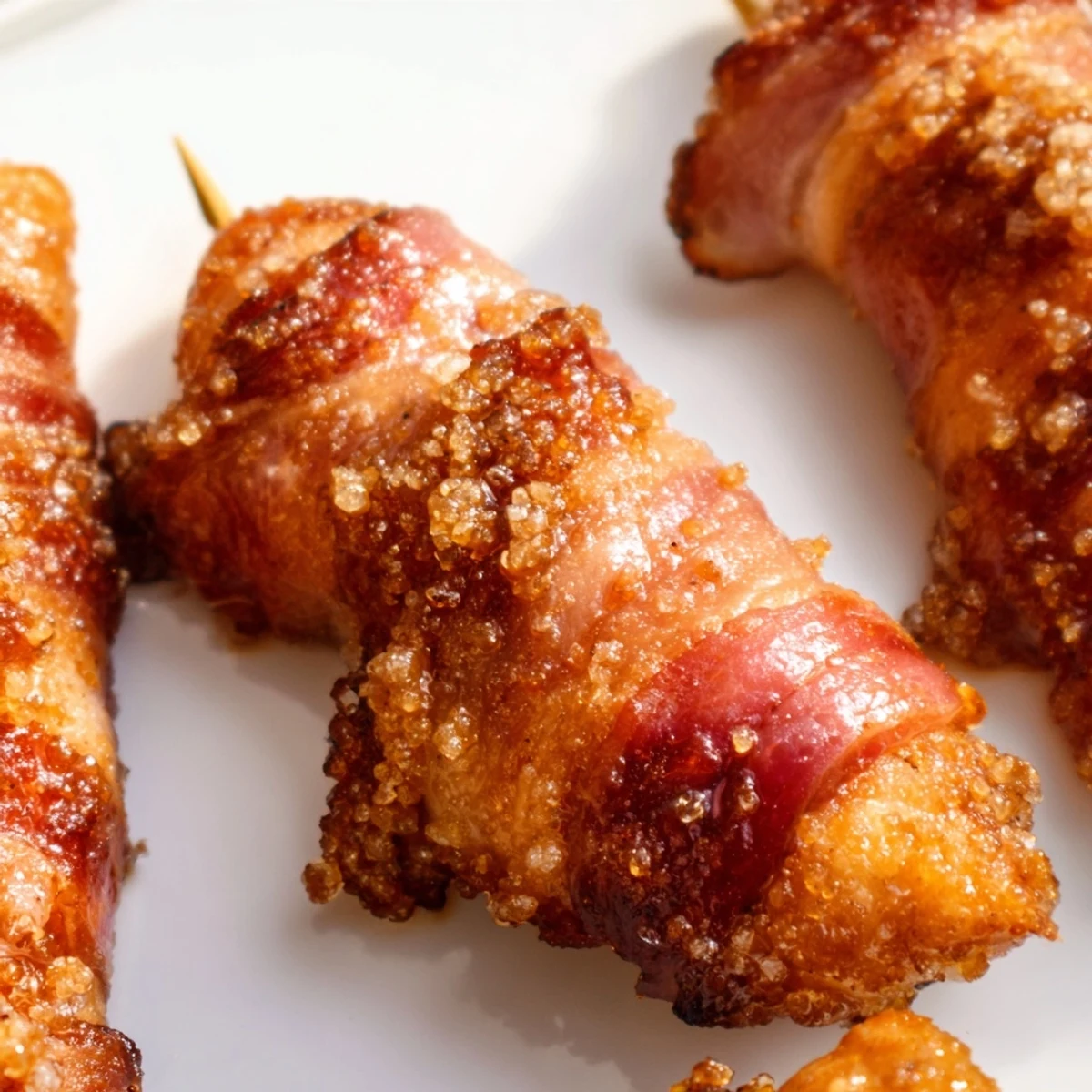 Crispy bacon-wrapped chicken tenders coated in caramelized brown sugar glaze on white serving plate