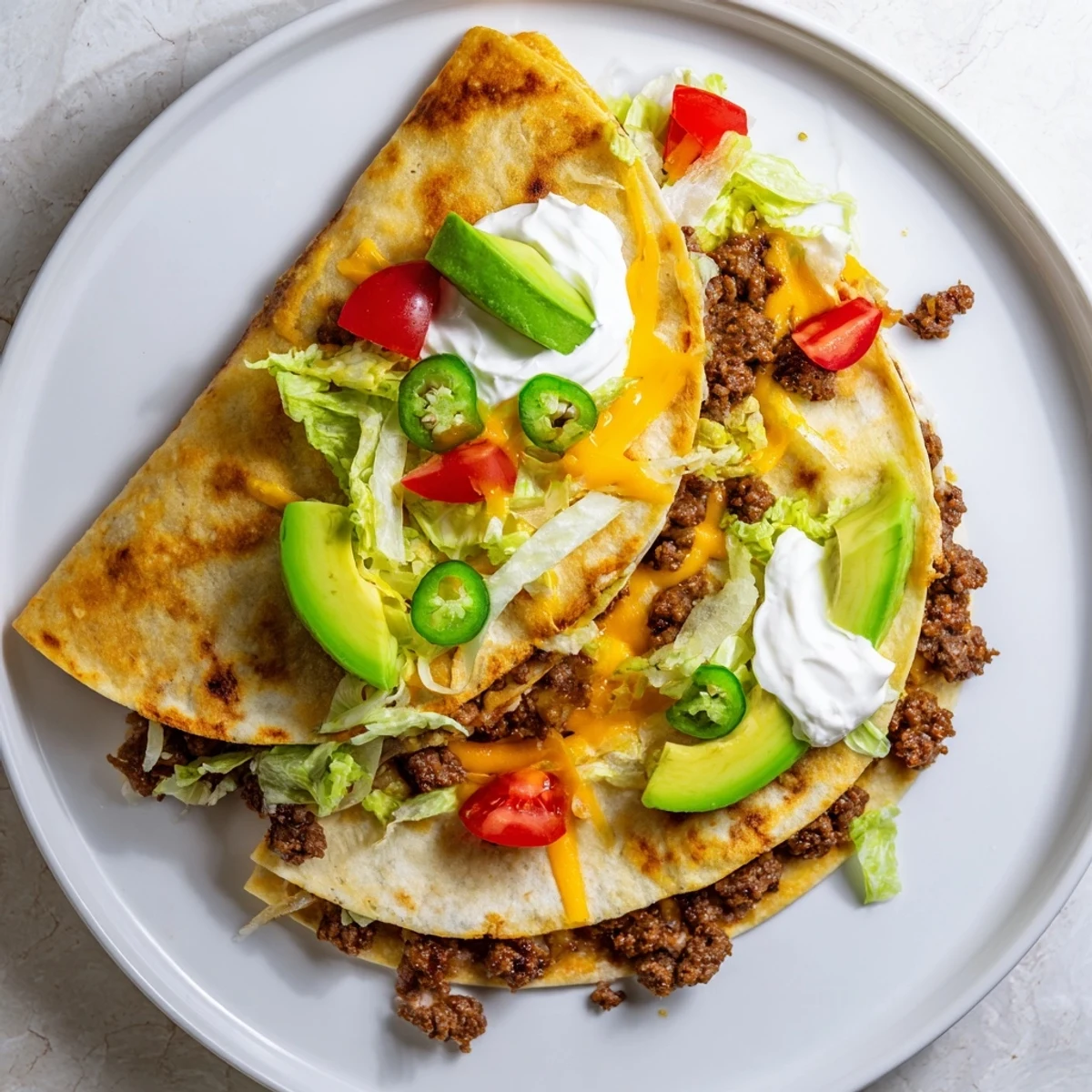 Golden keto crunchwrap cut in half revealing seasoned beef, melted cheddar, fresh lettuce, and creamy avocado layers