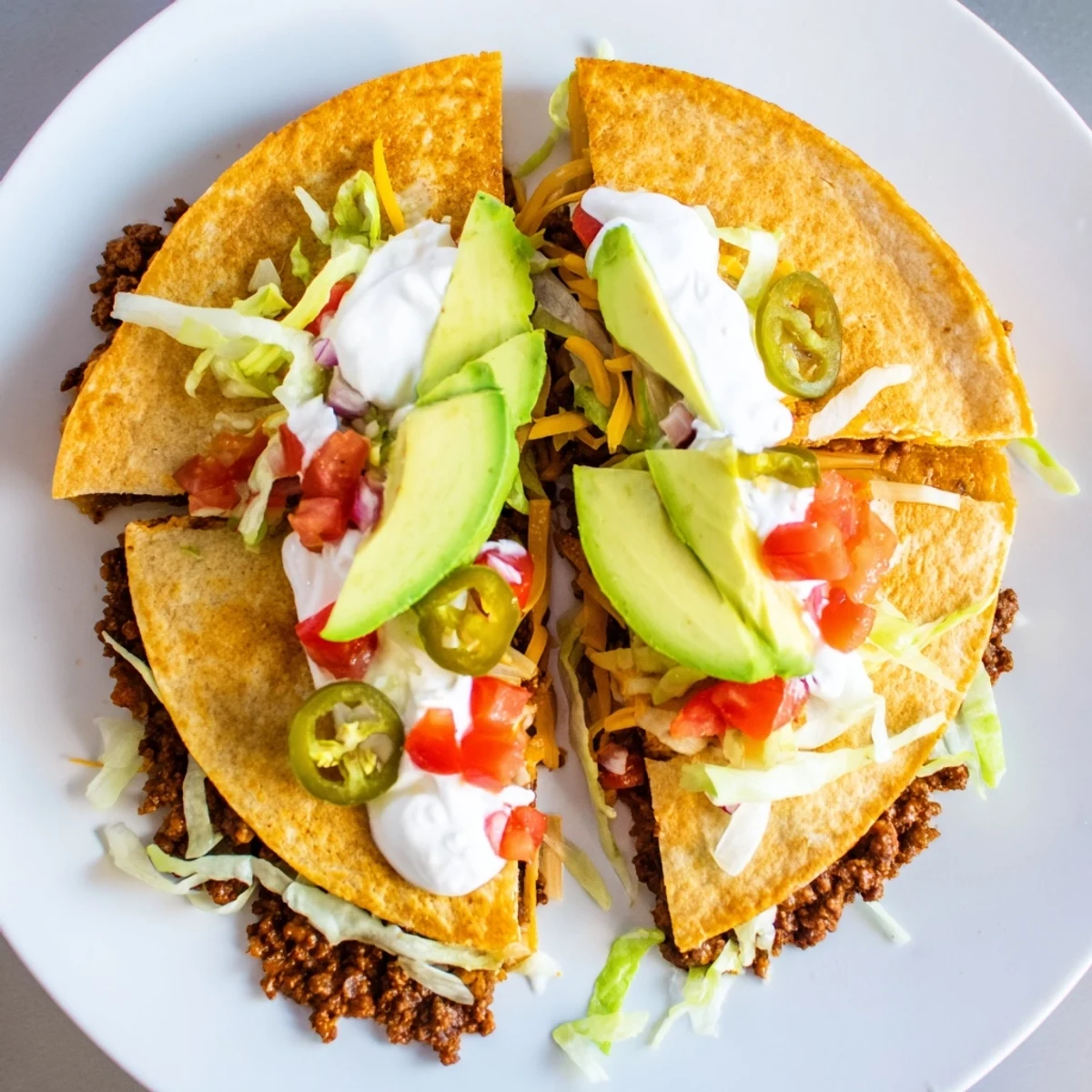 Crispy low-carb crunchwrap skillet-cooked to perfection with taco seasoned ground beef, tomatoes, sour cream, and jalapeños