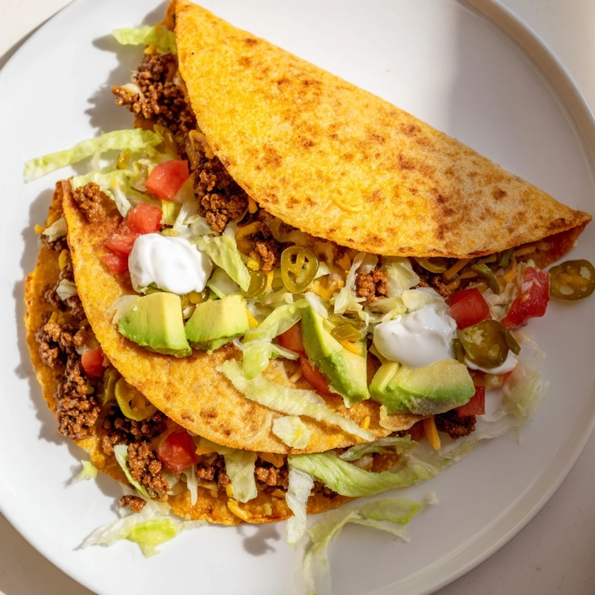 Homemade keto crunchwrap with almond flour tortilla folded around cheesy beef filling and vibrant vegetable toppings