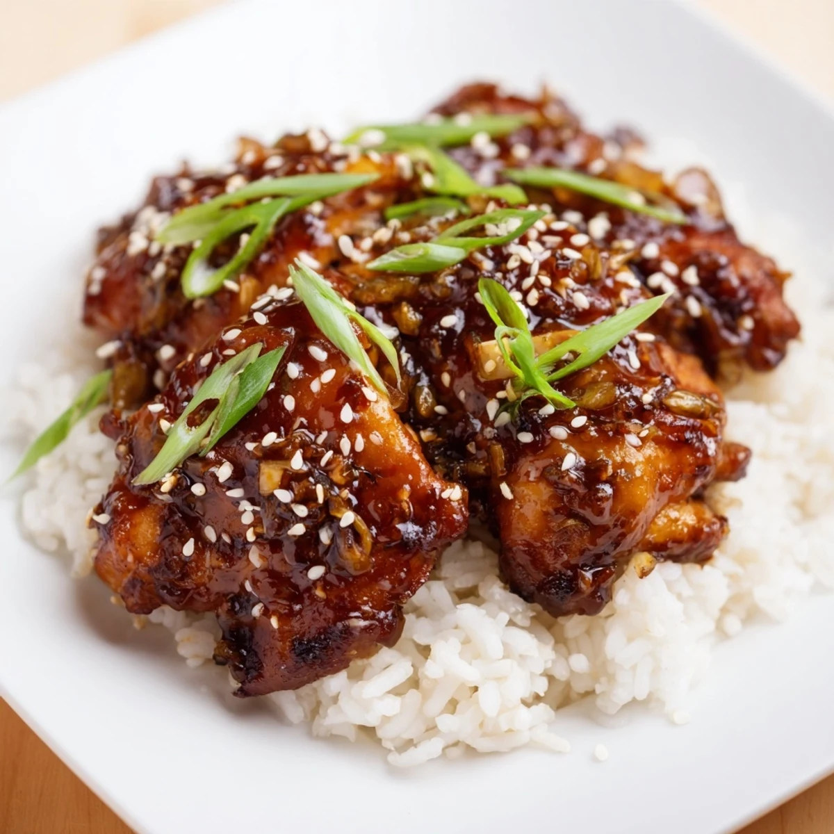 Crock Pot Huli Huli chicken served over rice with fresh green onion garnish and toasted sesame seeds