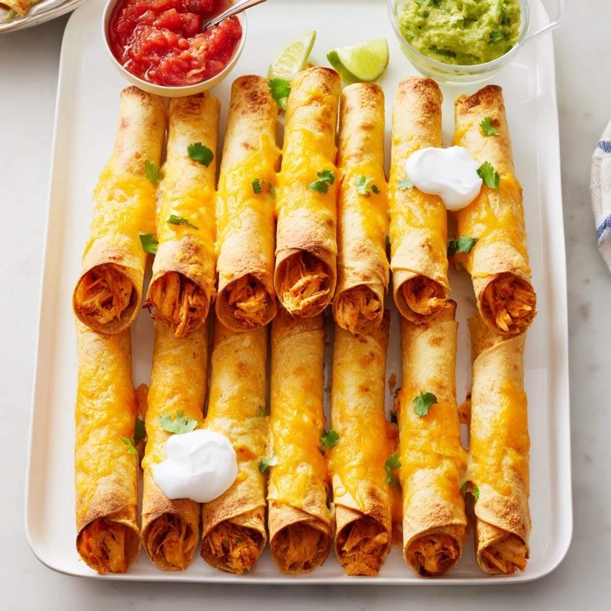 Golden brown crispy chicken taquitos filled with melted cheese and seasoned shredded chicken