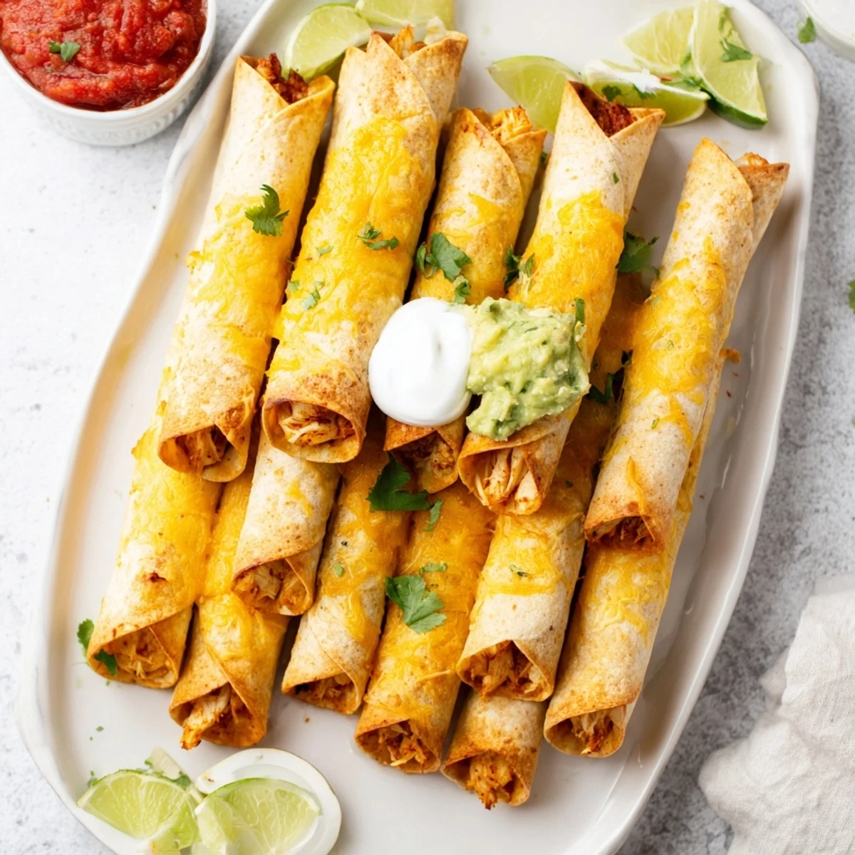 Baked rolled tortillas stuffed with spiced chicken and cheese ready for dipping